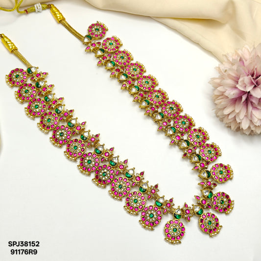 38152 Jadau Kundan Real stones Long Bottumala haaram with Russian strawberry beads