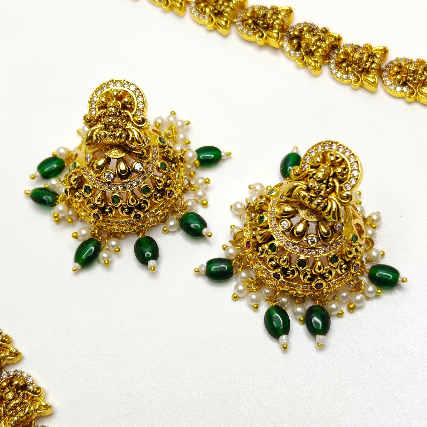 39813/40002 Bridal Real Gold replica Nakshi Long haram with Screwback Jhumkas