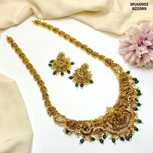 39813/40002 Bridal Real Gold replica Nakshi Long haram with Screwback Jhumkas