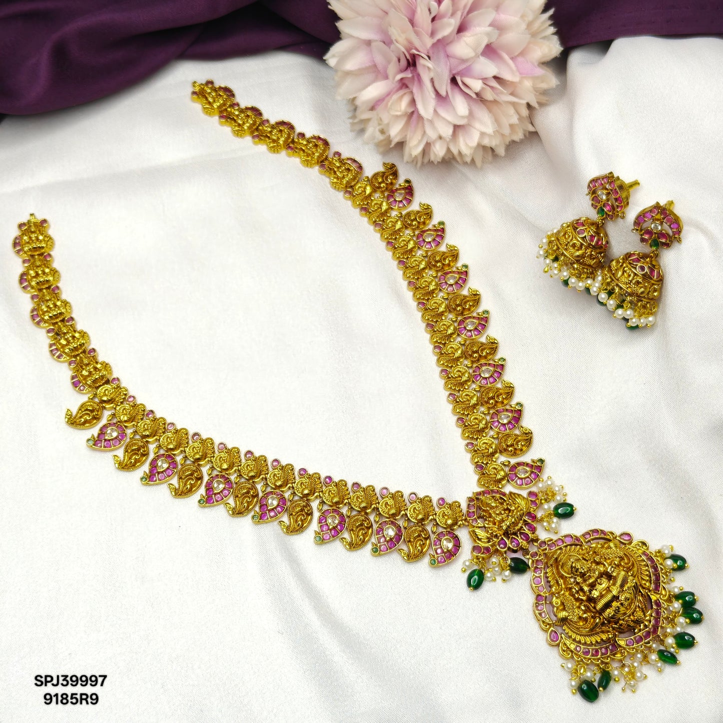 39997 Matte Lakshmi long necklace with Jhumkas