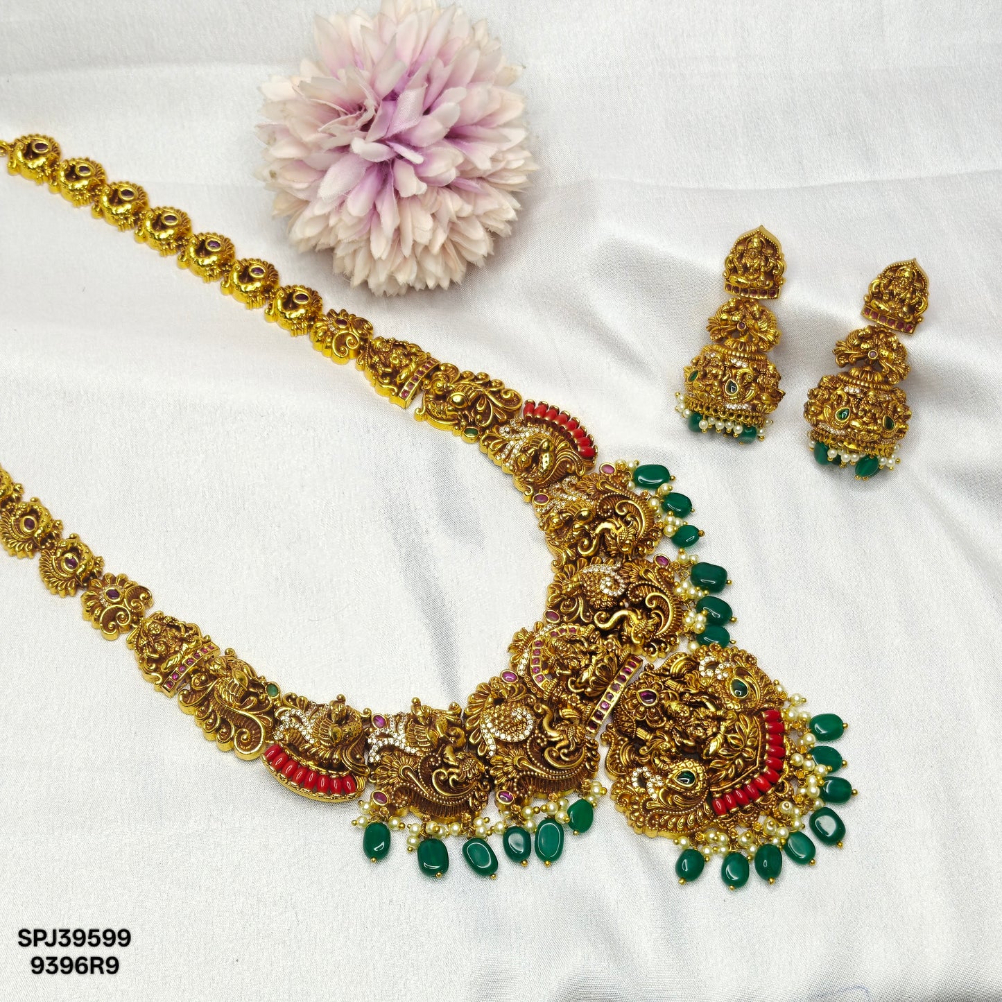 39599 Nakshi Laxmi Peacock Long Broad Necklace Set With Coral
