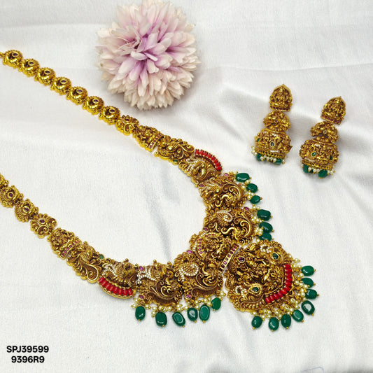 39599 Nakshi Laxmi Peacock Long Broad Necklace Set With Coral
