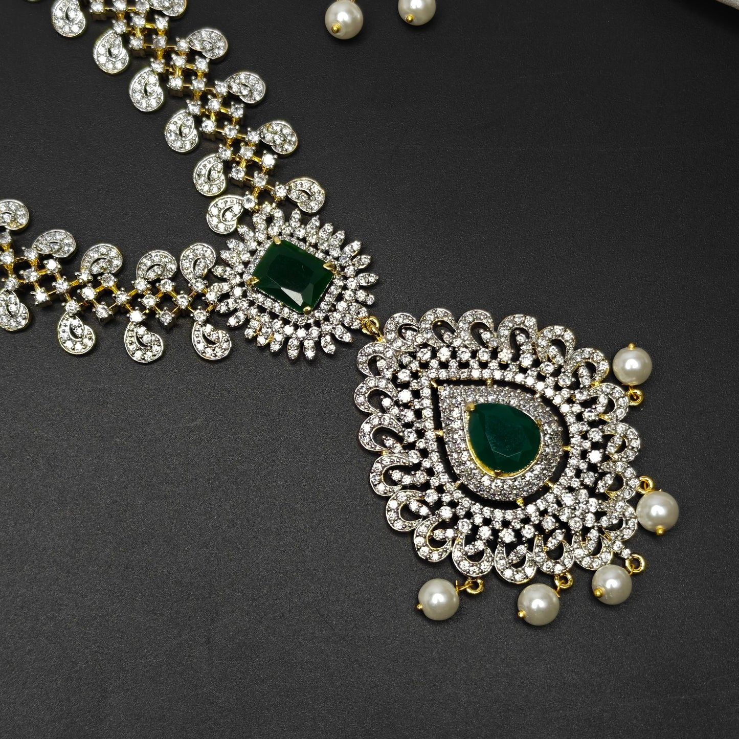 41025 Green CZ Stone GJ Long Necklace Set with Earrings