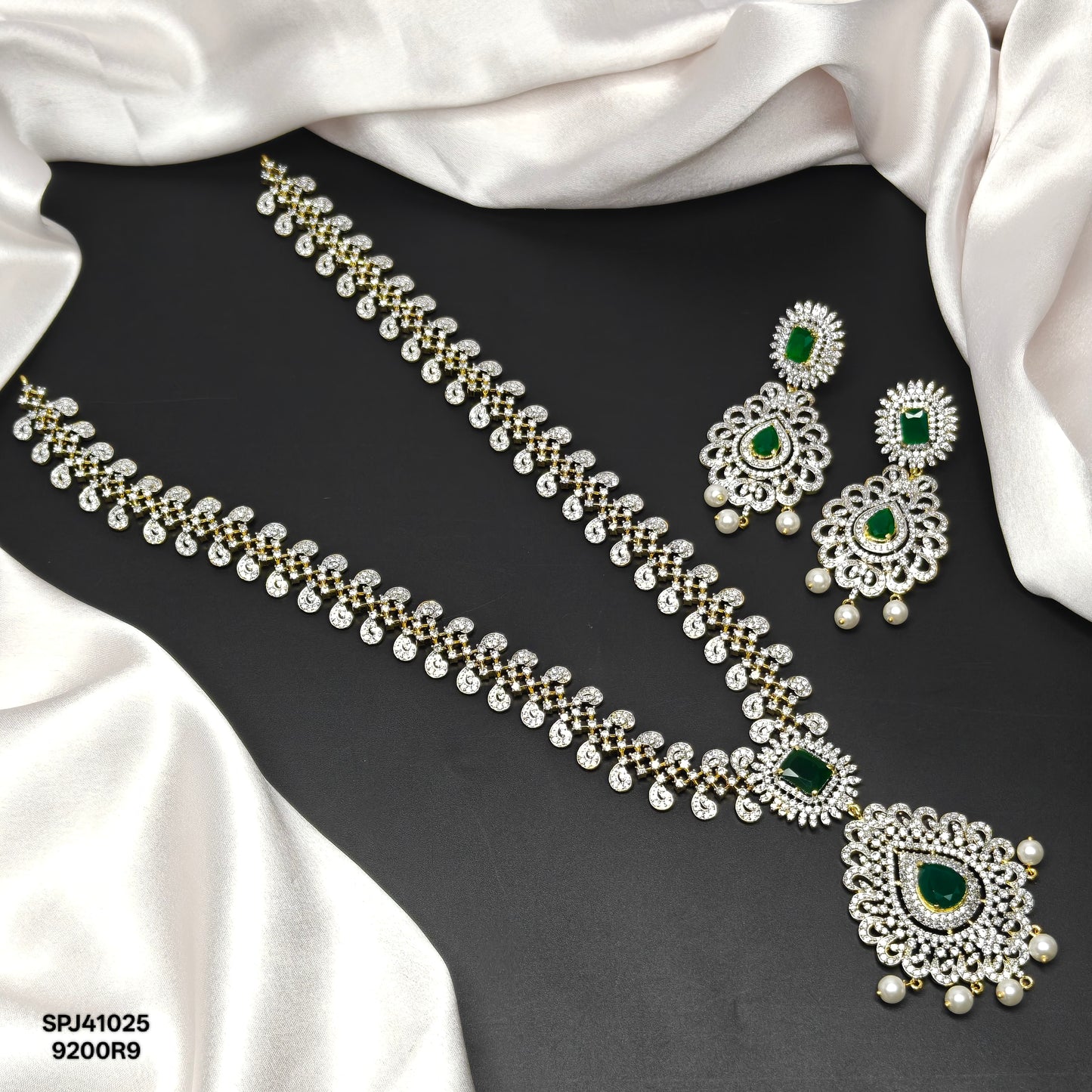41025 Green CZ Stone GJ Long Necklace Set with Earrings