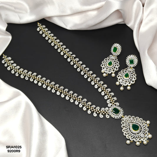 41025 Green CZ Stone GJ Long Necklace Set with Earrings