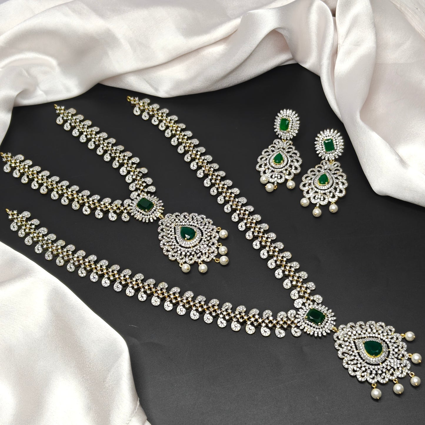 41025 / 41027 Green CZ Stone Bridal Necklace Combo Set with Earrings  GJ