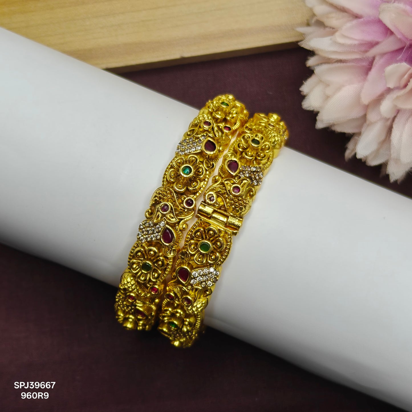 39667 Nakshi flower and peacock pattern premium finishing openable bangles