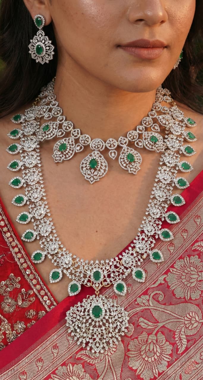 Bridal Diamond Look Necklace Combo Set with Earrings Green 40869 / 30498