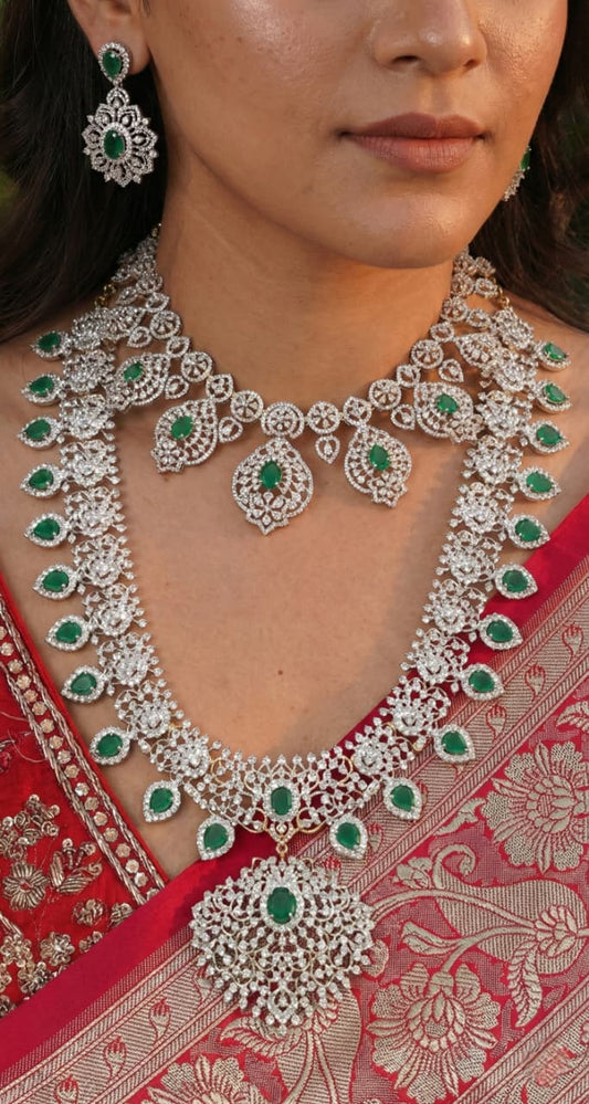 Bridal Diamond Look Necklace Combo Set with Earrings Green 40869 / 30498