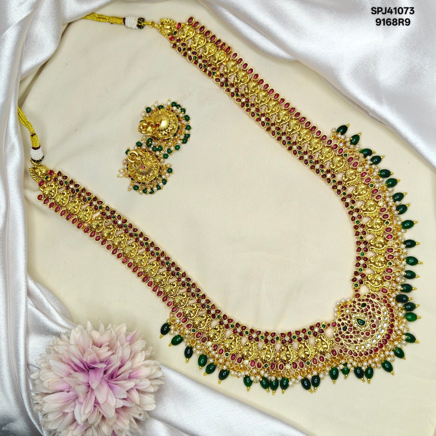 41073 Matte Pota Stone Peacock Necklace Set Long