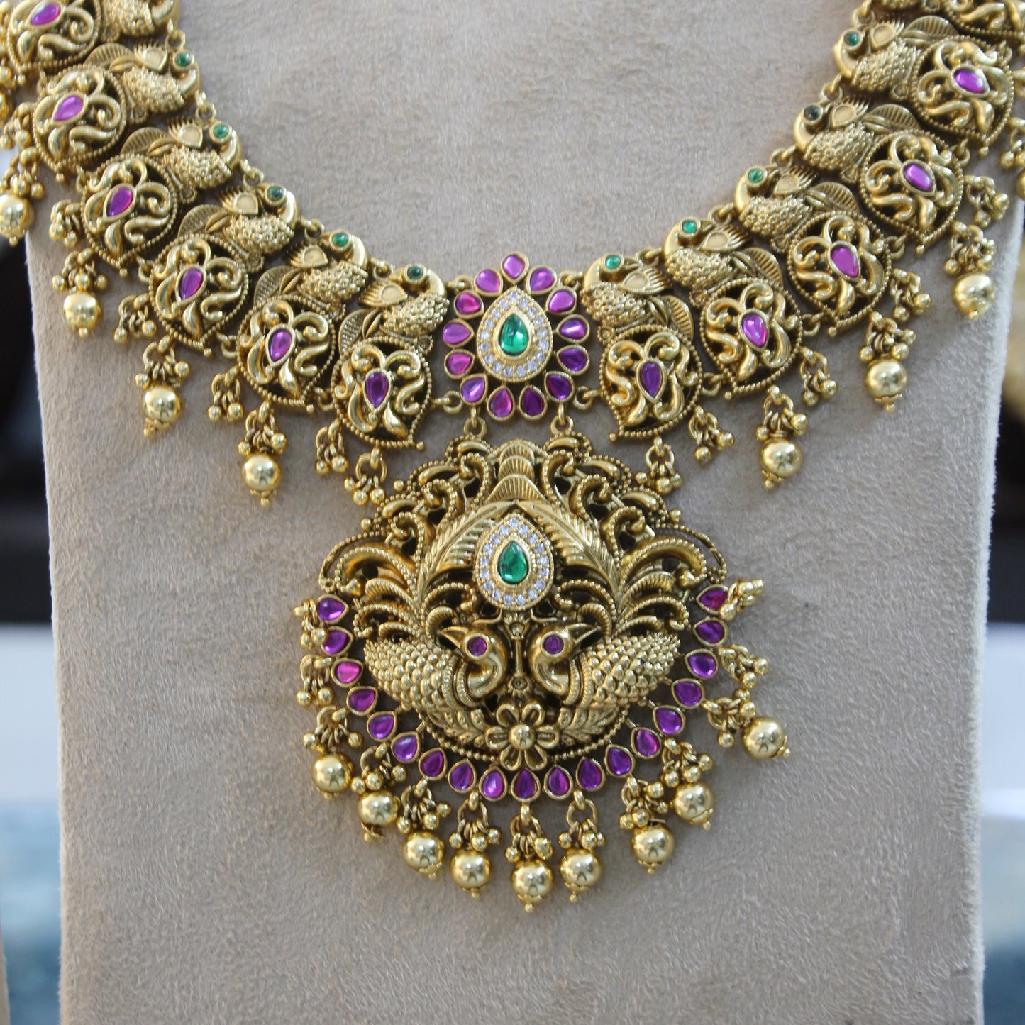 41547 Kundan Gold Finish Mango & Peacock Design Temple Necklace Set with Jhumki Long