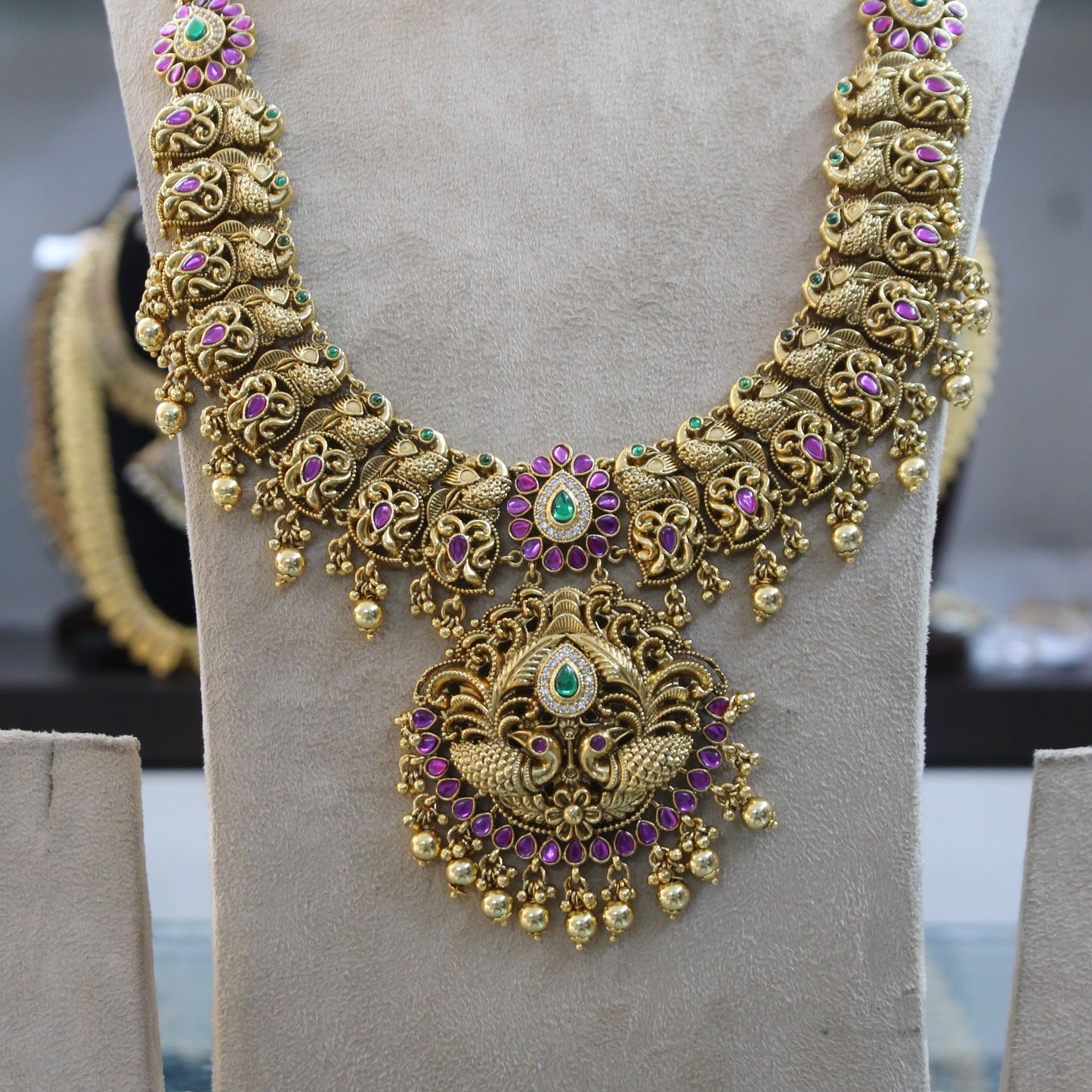 41547 Kundan Gold Finish Mango & Peacock Design Temple Necklace Set with Jhumki Long