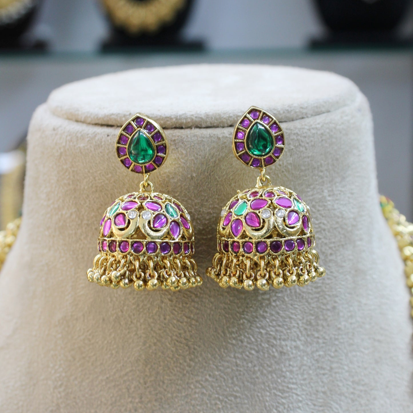 41547 Kundan Gold Finish Mango & Peacock Design Temple Necklace Set with Jhumki Long