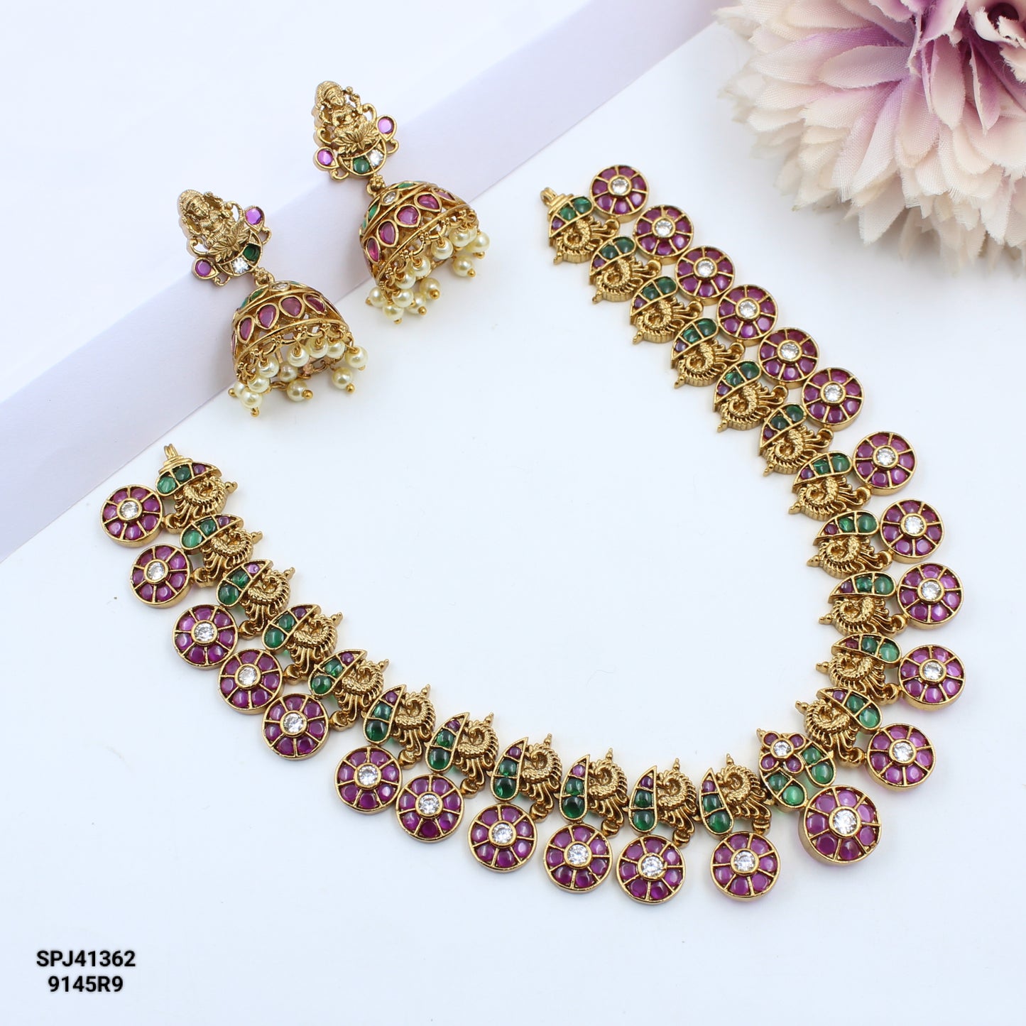 41362 Pota Stone Peacock Short Necklace Set