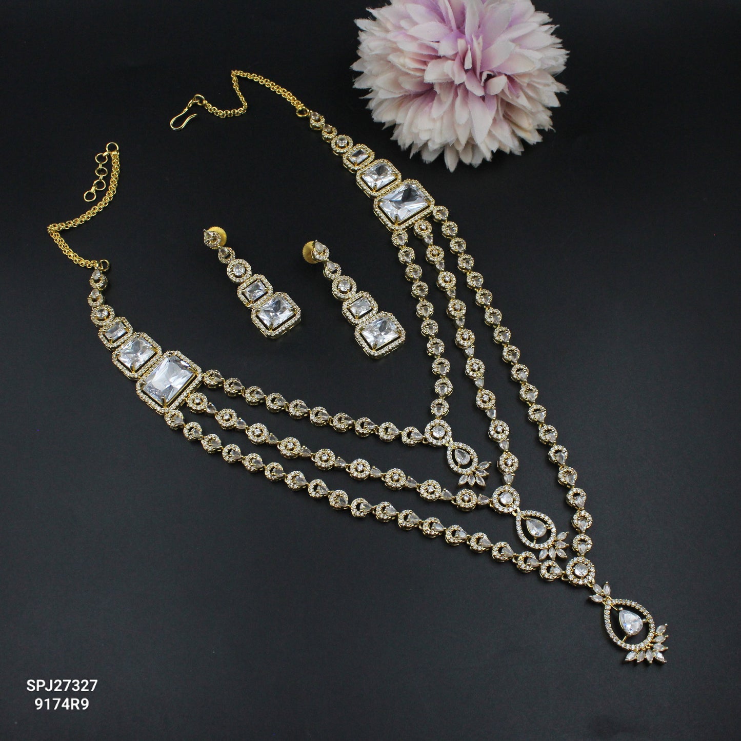 27327 GP 3 Lines Necklace Set White