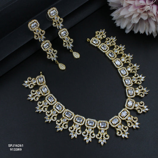 16261 GP Single Line Square Stone Short Necklace Set White