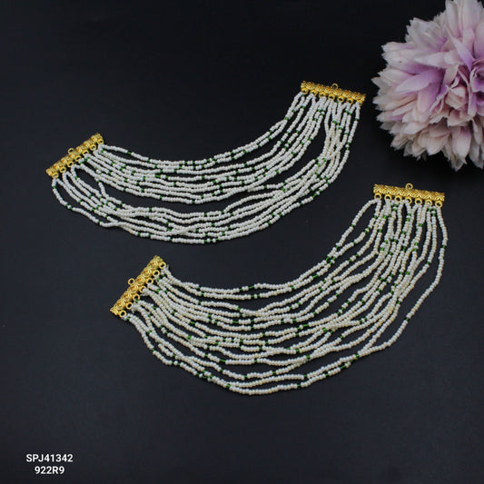 41342 12 lines pearls and green champaswaralu / ear chain / kaan chain