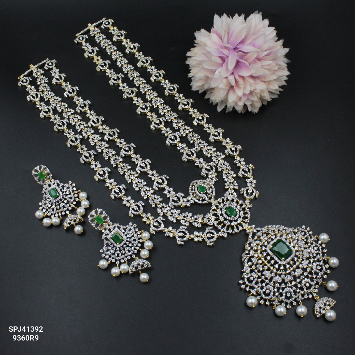 41392 GJ 3 Layers Long Necklace Set Green