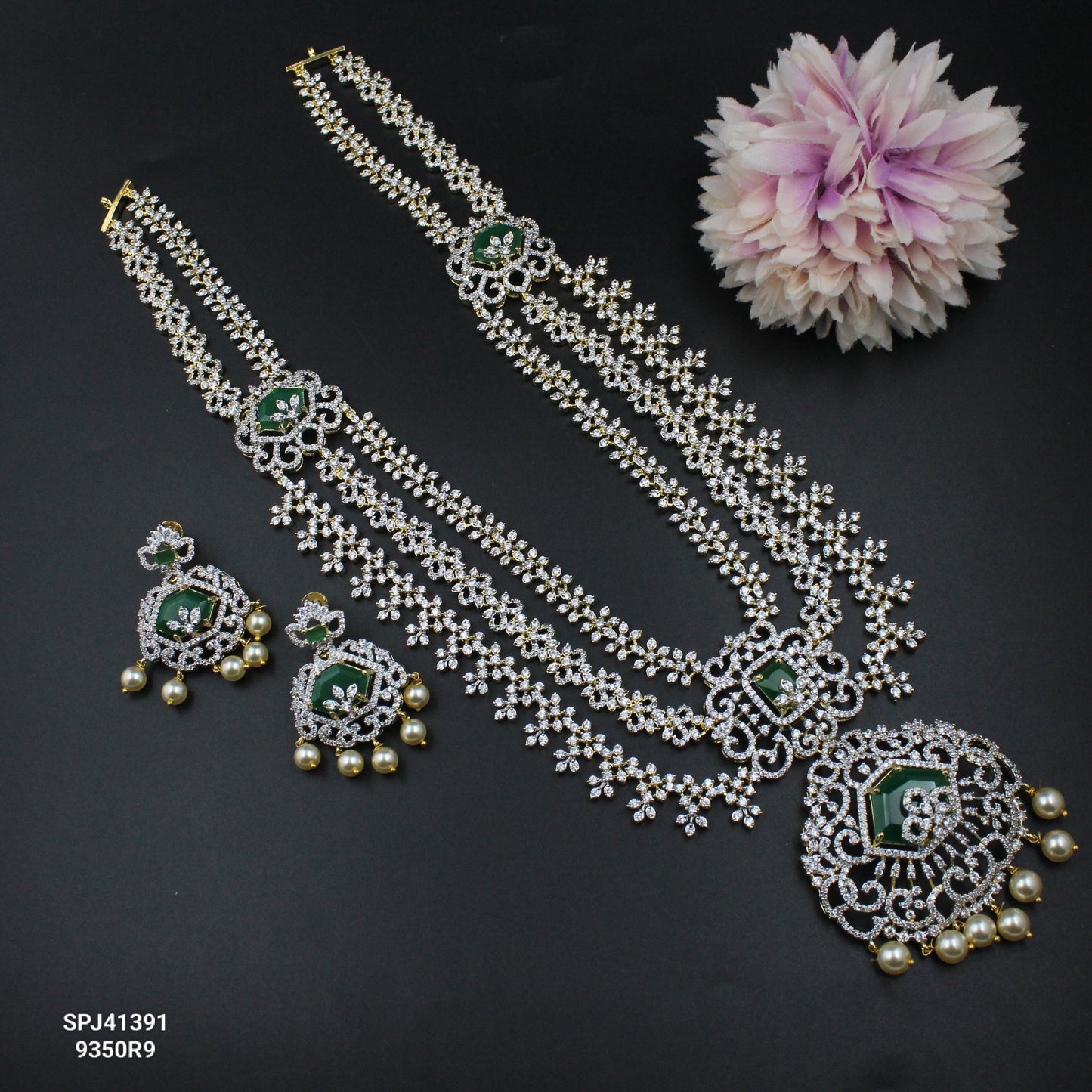 41391 GJ 3 Layers Long Necklace Set Green
