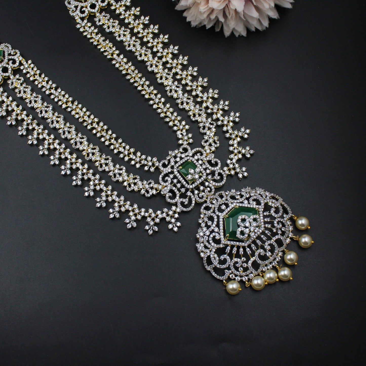41391 GJ 3 Layers Long Necklace Set Green