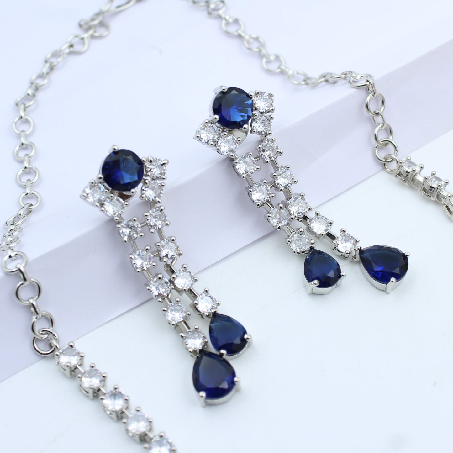 41404 Blue Colour Stone Silver AD Short Necklace Set