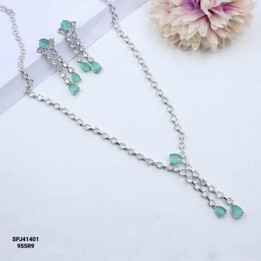41401 Light Green Silver AD Short Necklace Set
