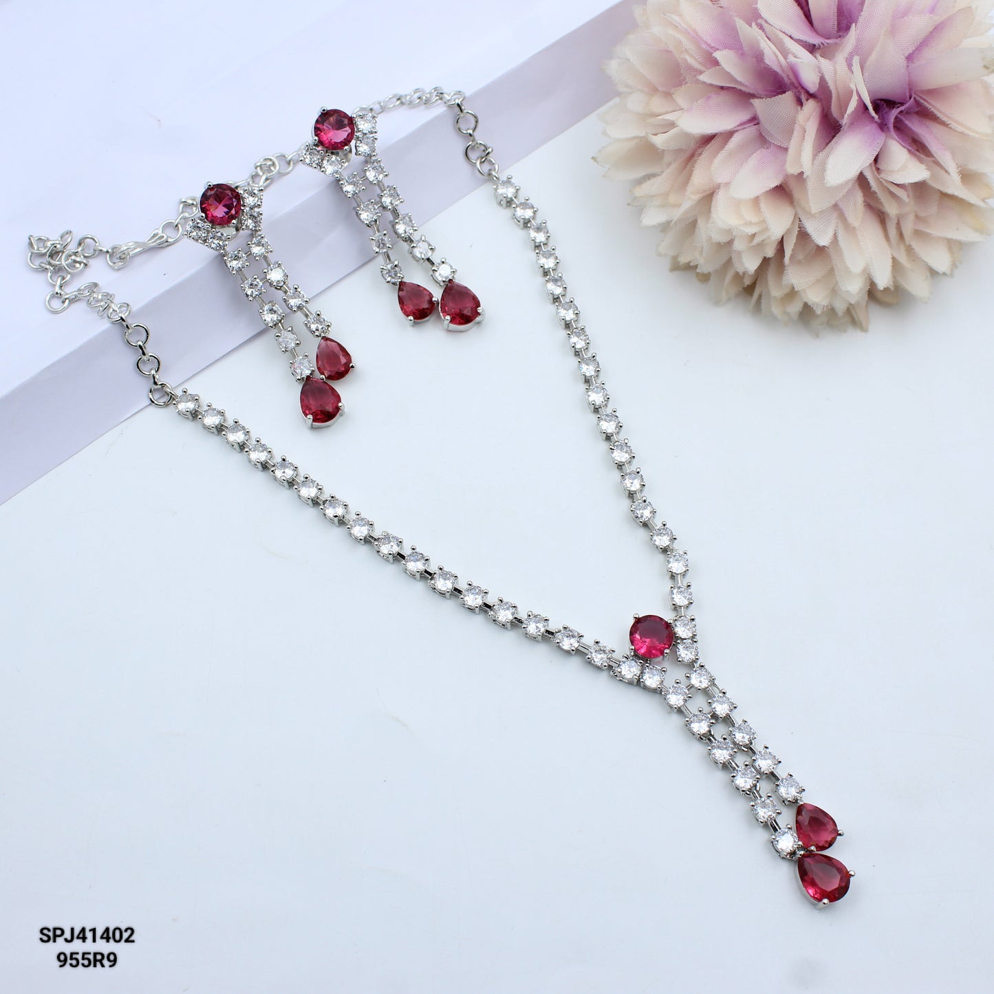 41402 Wine Colour Stone Silver AD Short Necklace Set