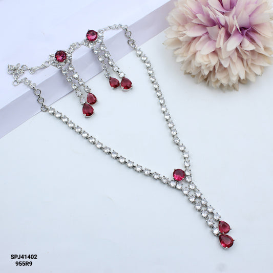 41402 Wine Colour Stone Silver AD Short Necklace Set