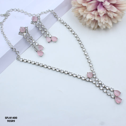41400 Light Pink Silver AD Short Necklace Set