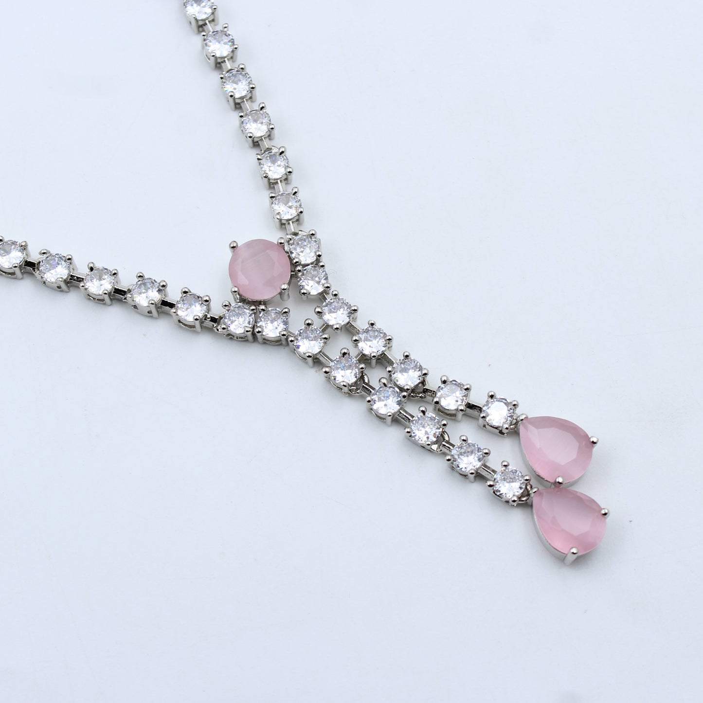 41400 Light Pink Silver AD Short Necklace Set