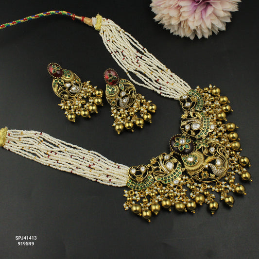 41413 Poth Mala With Peacock Pendent Set Red