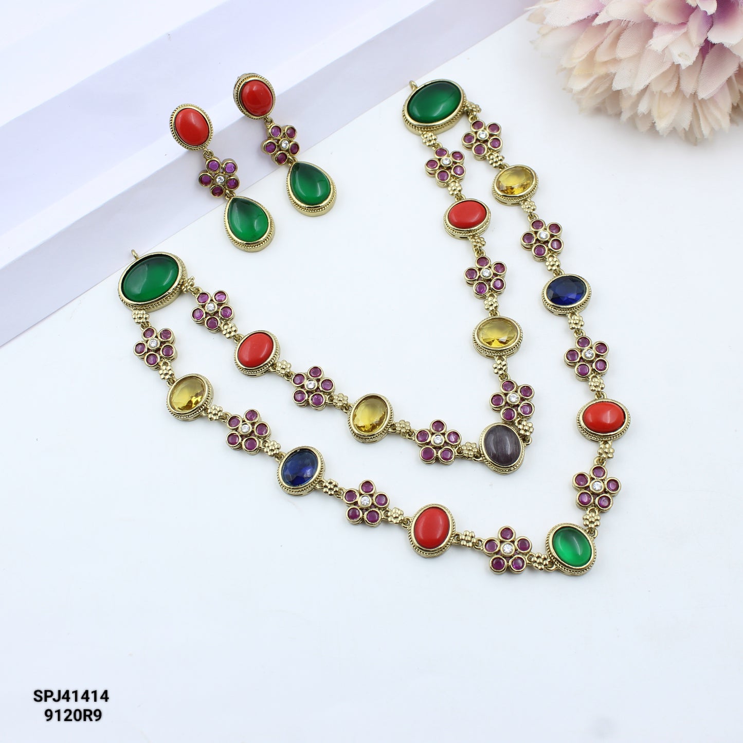 41414 Victorian Moissanite 2 Layers Necklace Set Navaratna