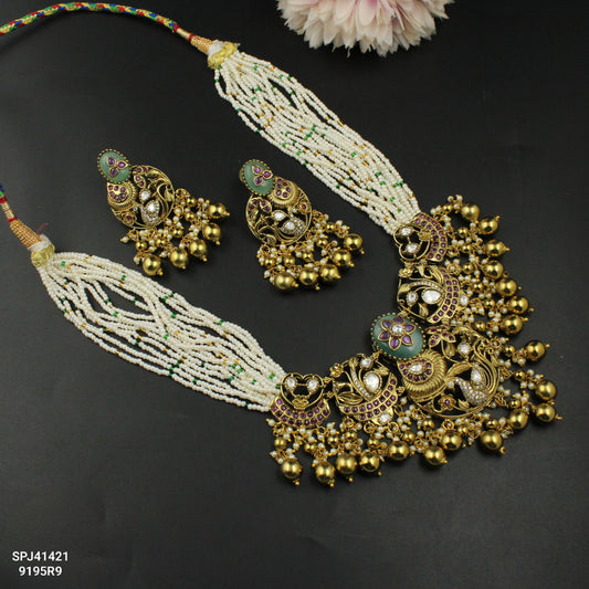 41421 Poth Mala With Peacock Pendent Set Light Green