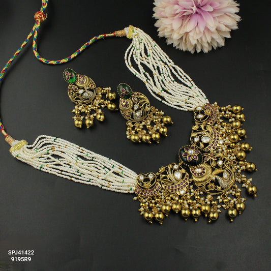 41422 Poth Mala With Peacock Pendent Set Green