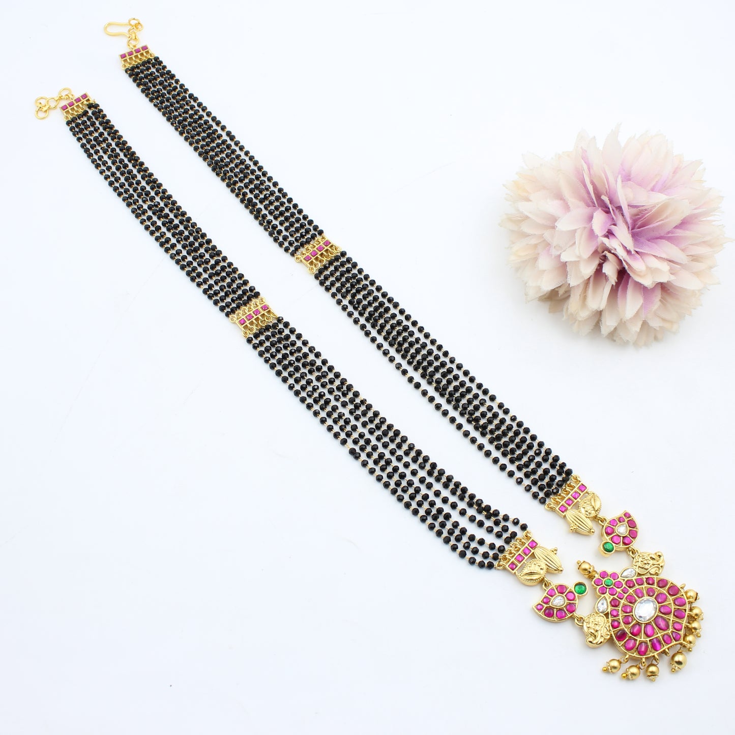 41433 Jadau 6 Lines Crystal Black Beads With Brooches