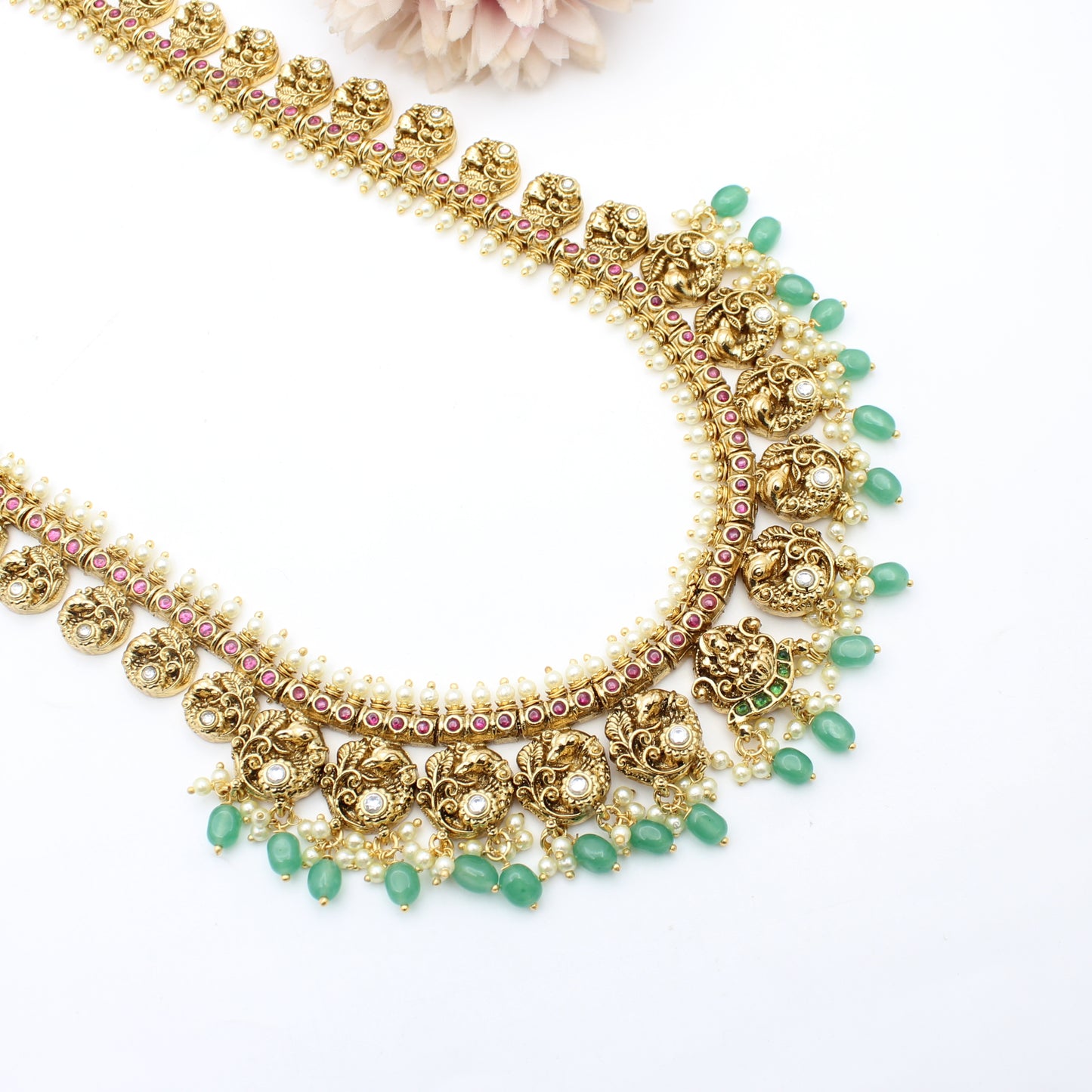 41553 Nakshi Kundan Peacock With Green Beads Long Necklace Set