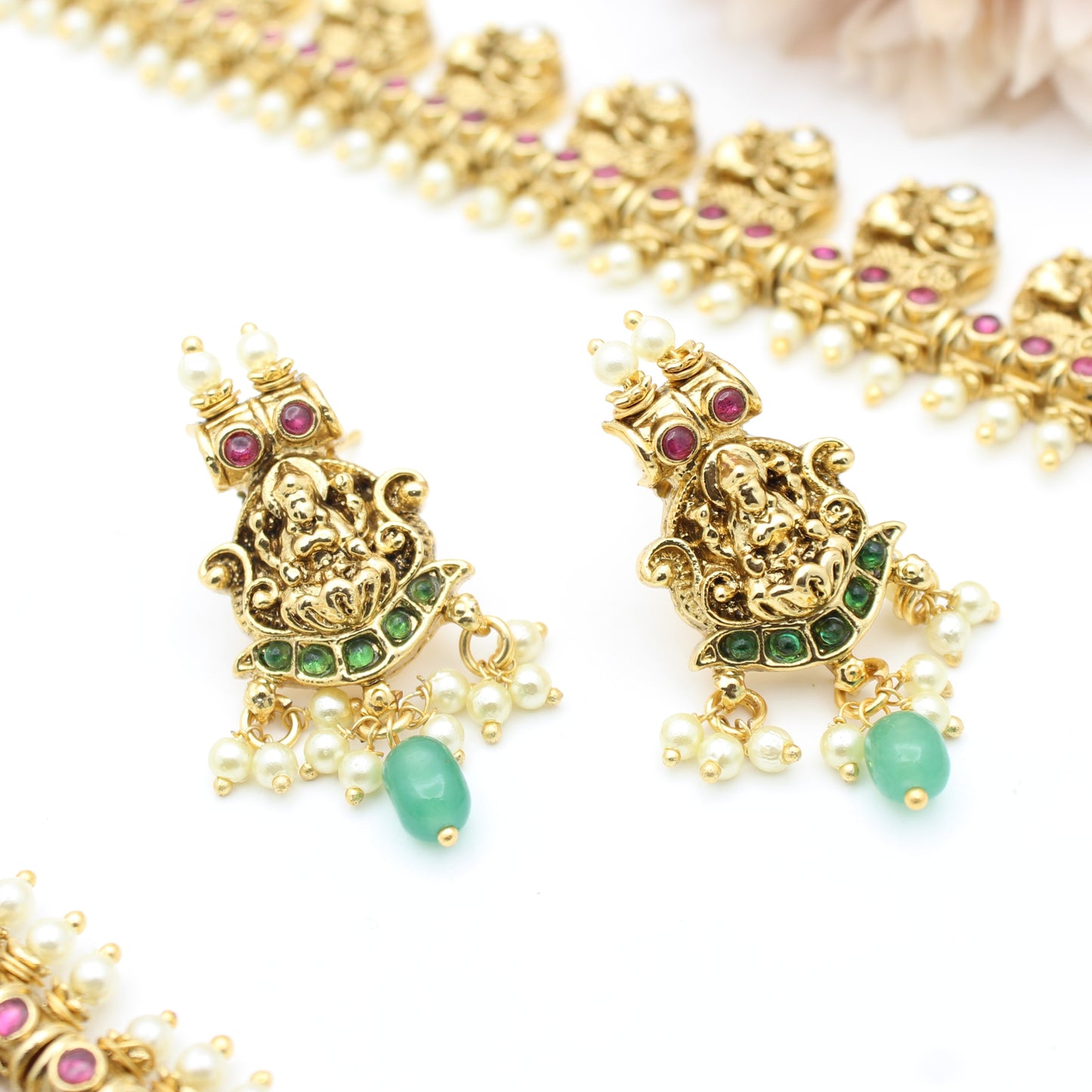 41553 Nakshi Kundan Peacock With Green Beads Long Necklace Set