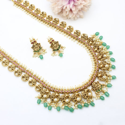41553 Nakshi Kundan Peacock With Green Beads Long Necklace Set