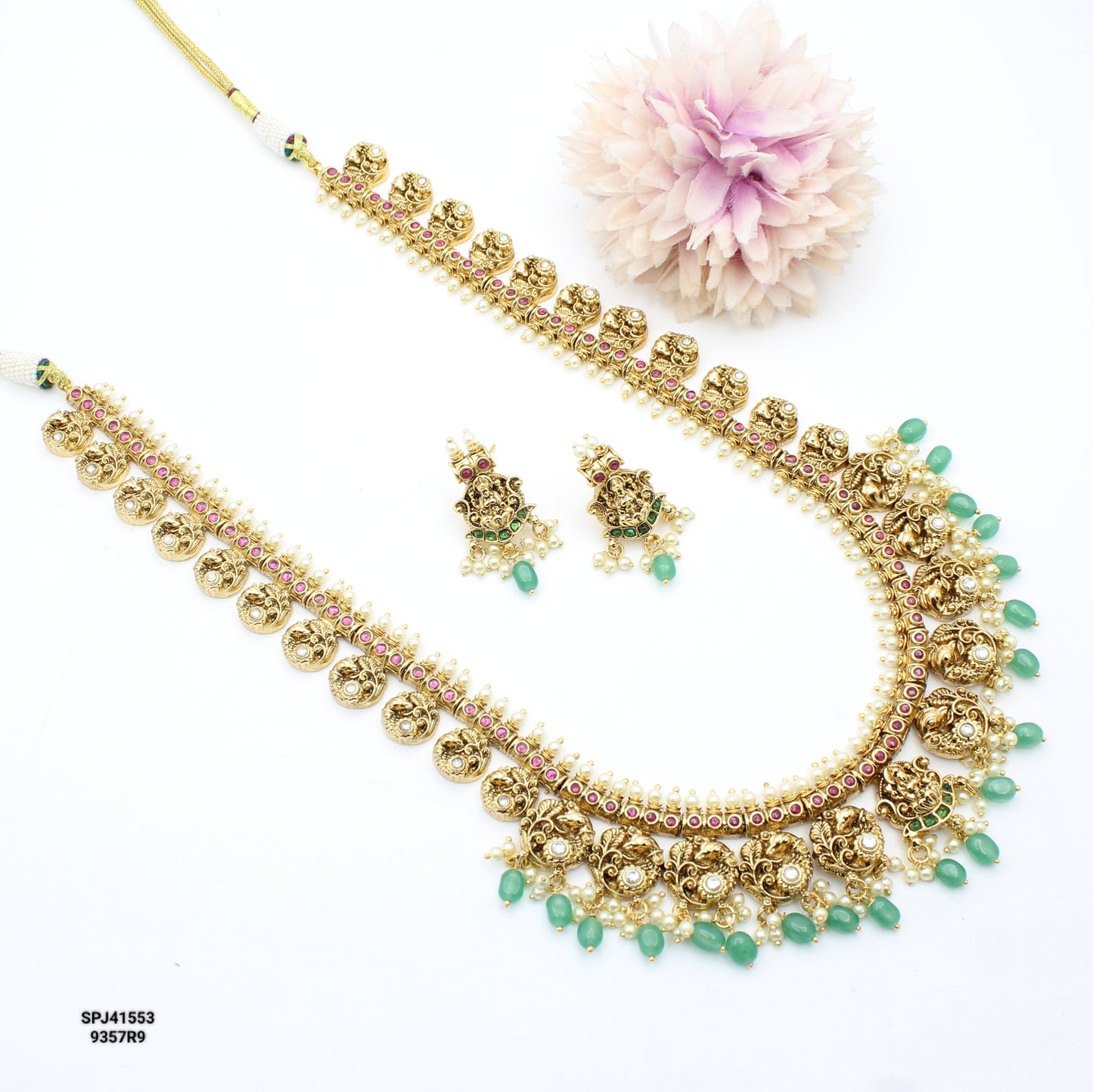 41553 Nakshi Kundan Peacock With Green Beads Long Necklace Set