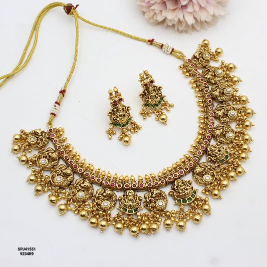 41551 Jadau Nakshi Laxmi Short Necklace With Golden Balls
