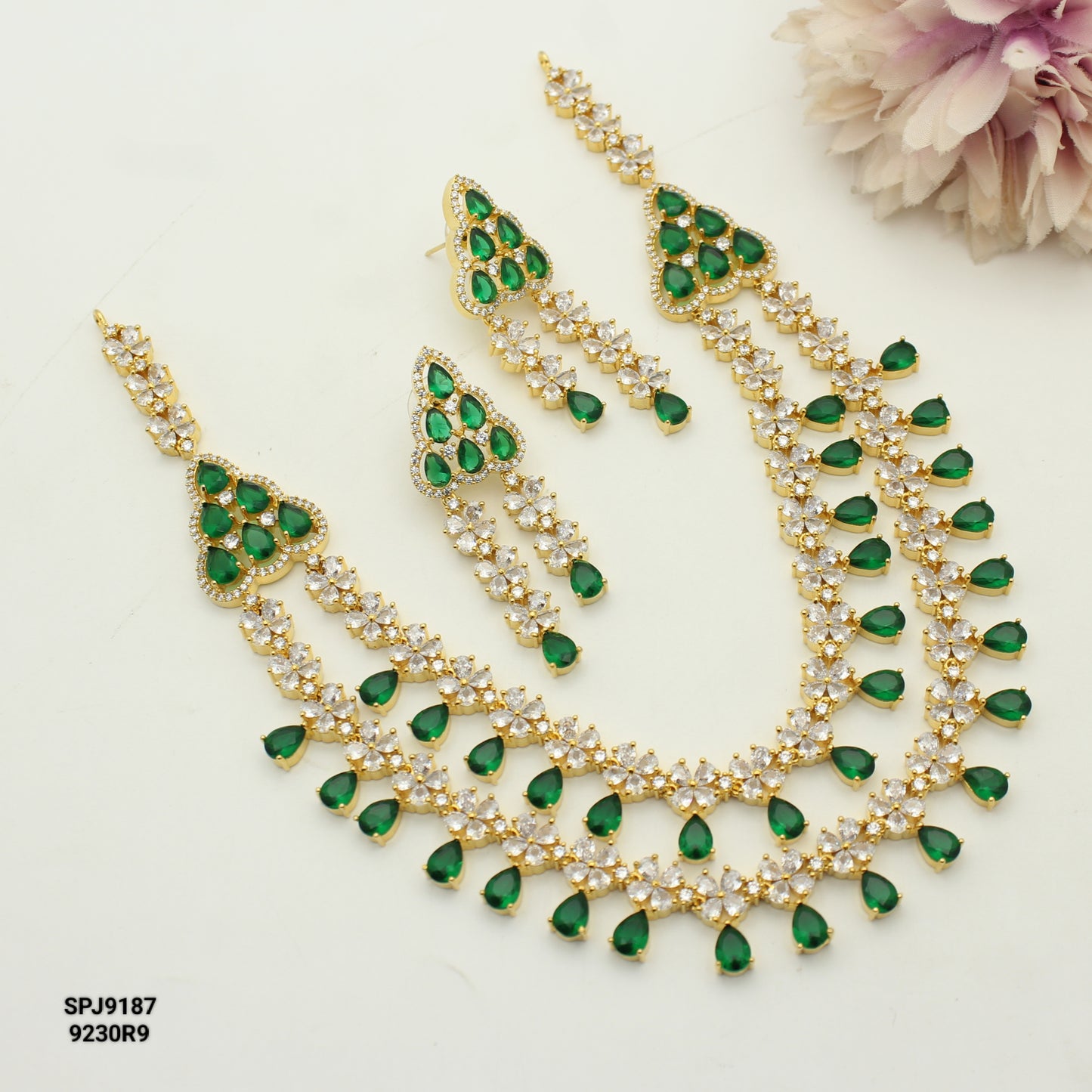 9187 GP 2 Lines 3/4th Necklace Set Green