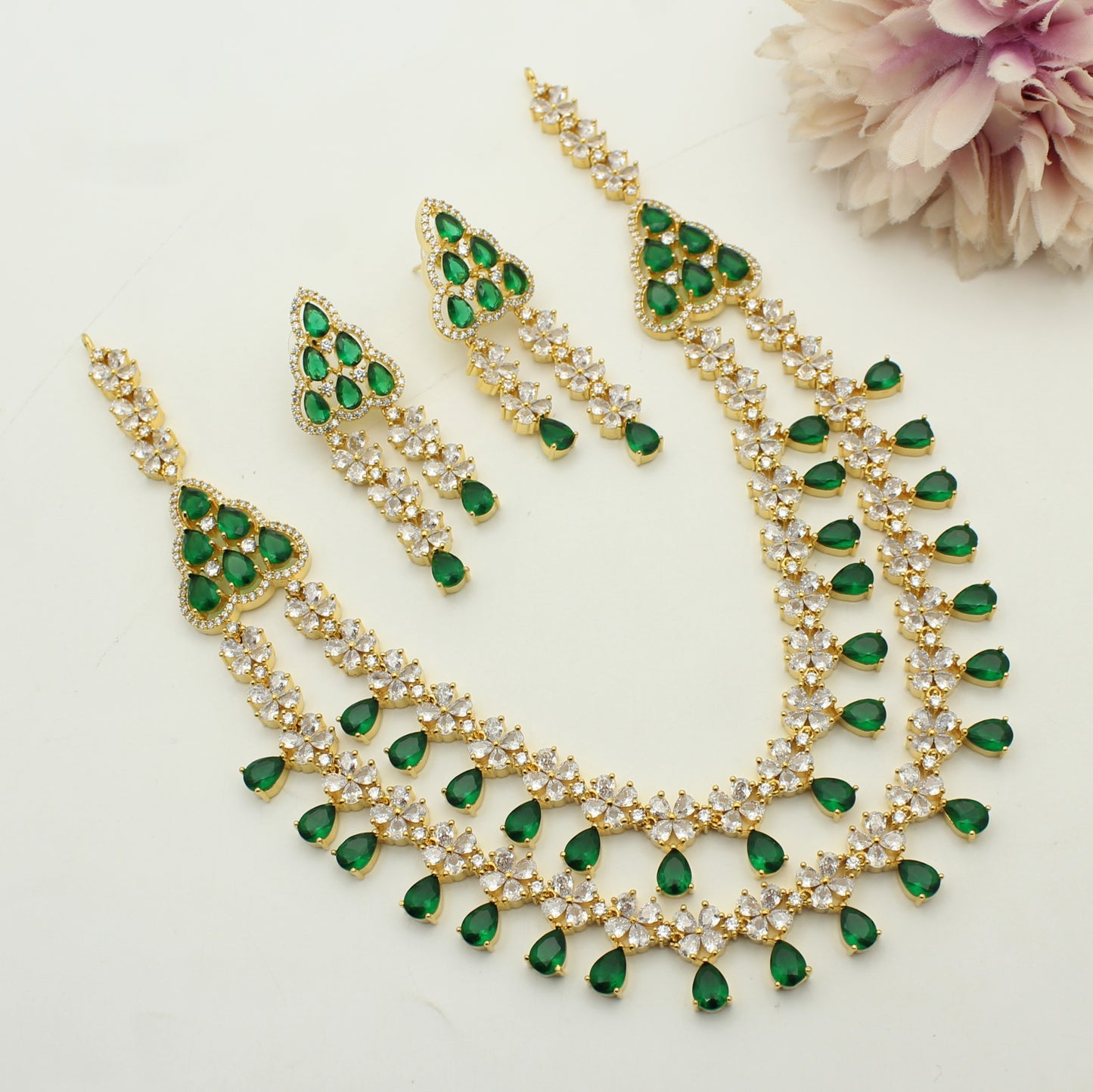 9187 GP 2 Lines 3/4th Necklace Set Green