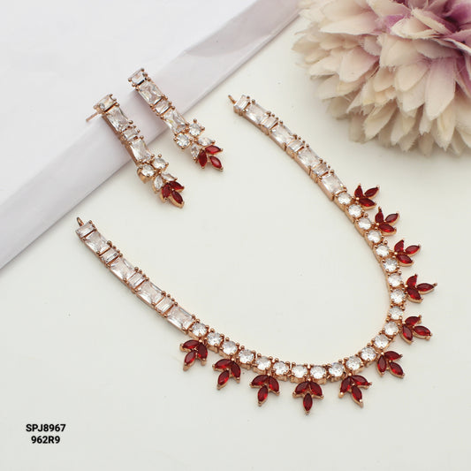 8967  Rose Gold AD Colour Stone Red Set