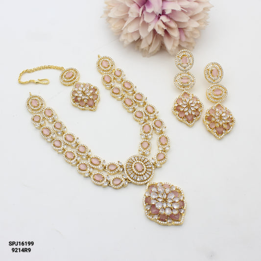 16199 GP 2 Lines Flower Pink Short Necklace Set