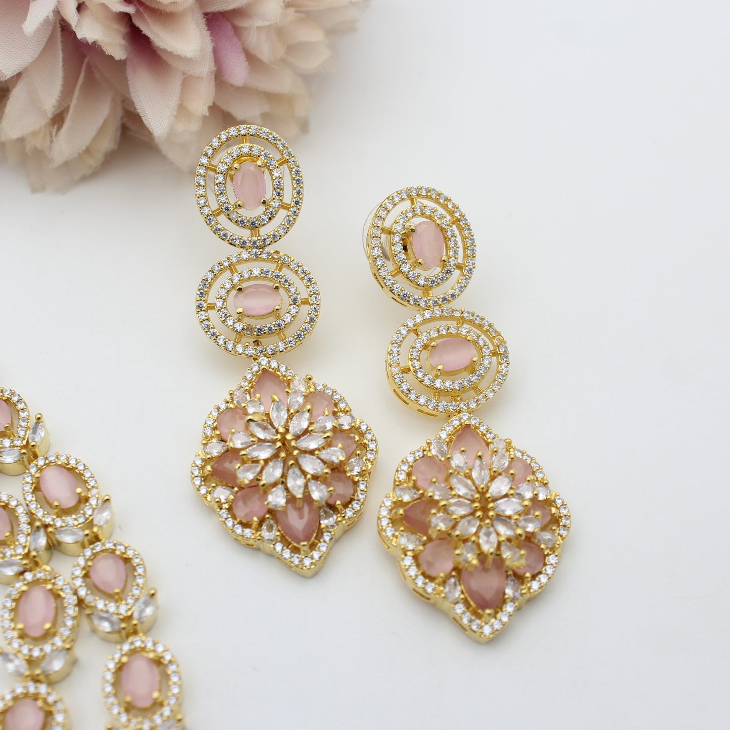 16199 GP 2 Lines Flower Pink Short Necklace Set