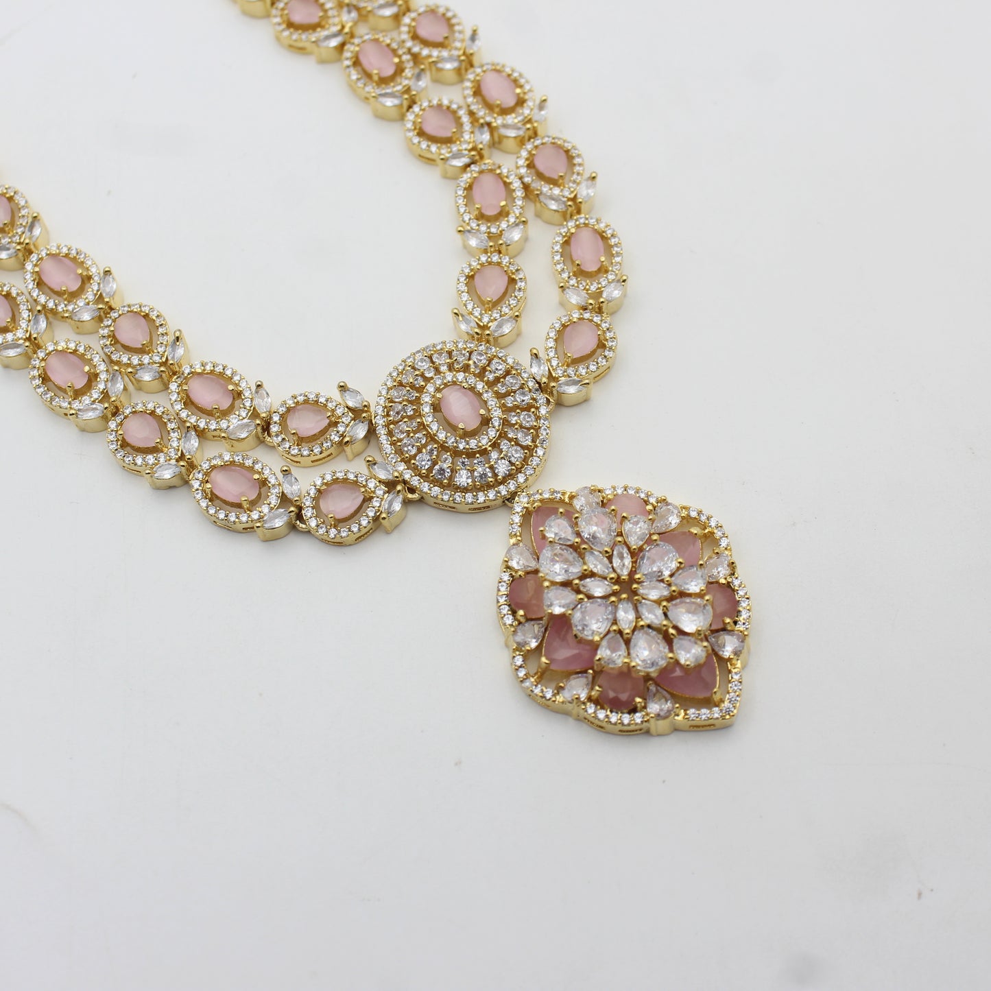 16199 GP 2 Lines Flower Pink Short Necklace Set