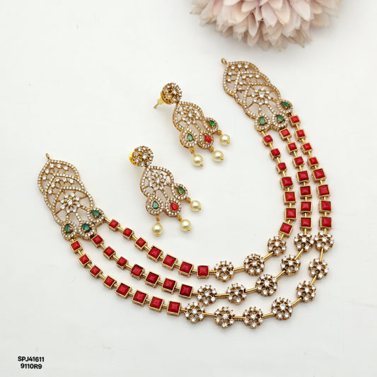 41611 Victorian Moissanite Coral 4 Layers Necklace Set