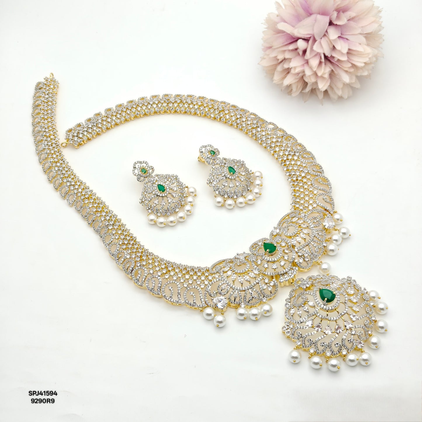 41594 GJ Broad Long Necklace Set Green
