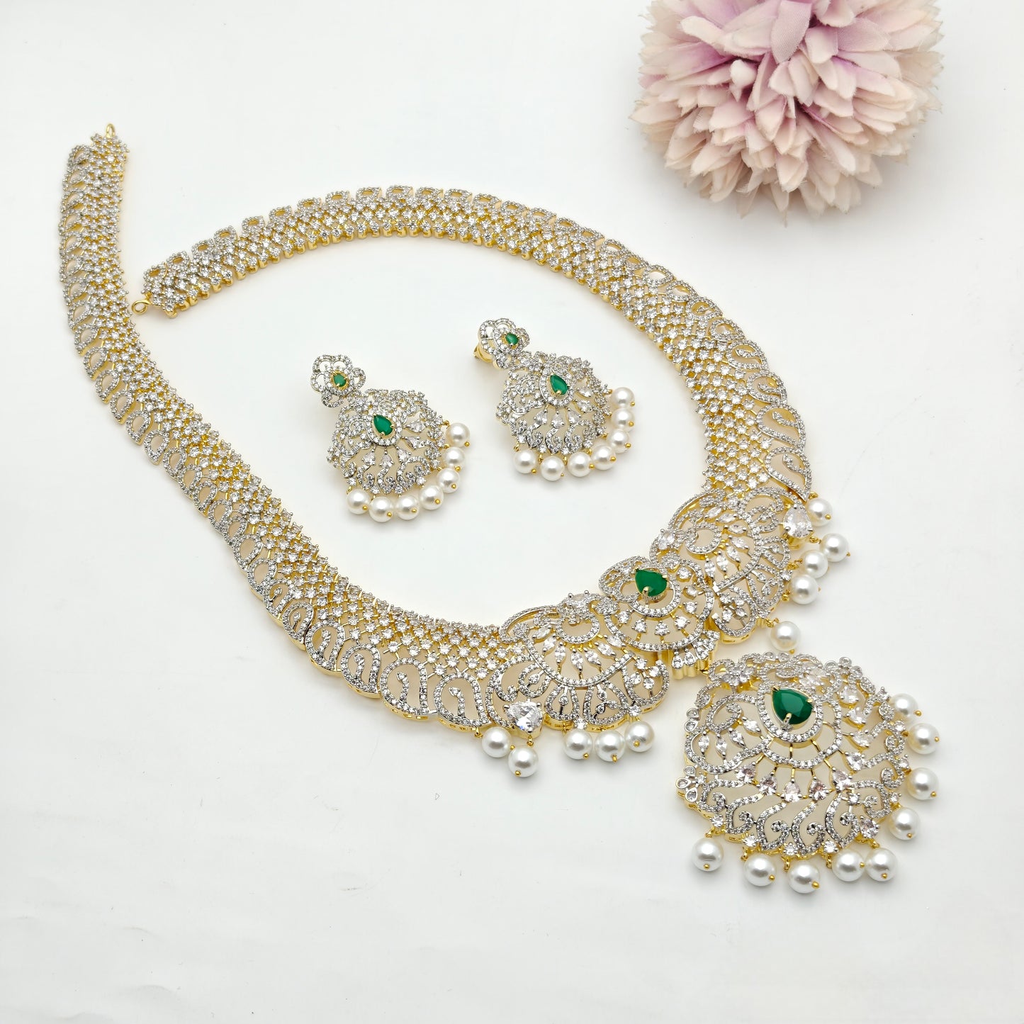 41594 GJ Broad Long Necklace Set Green