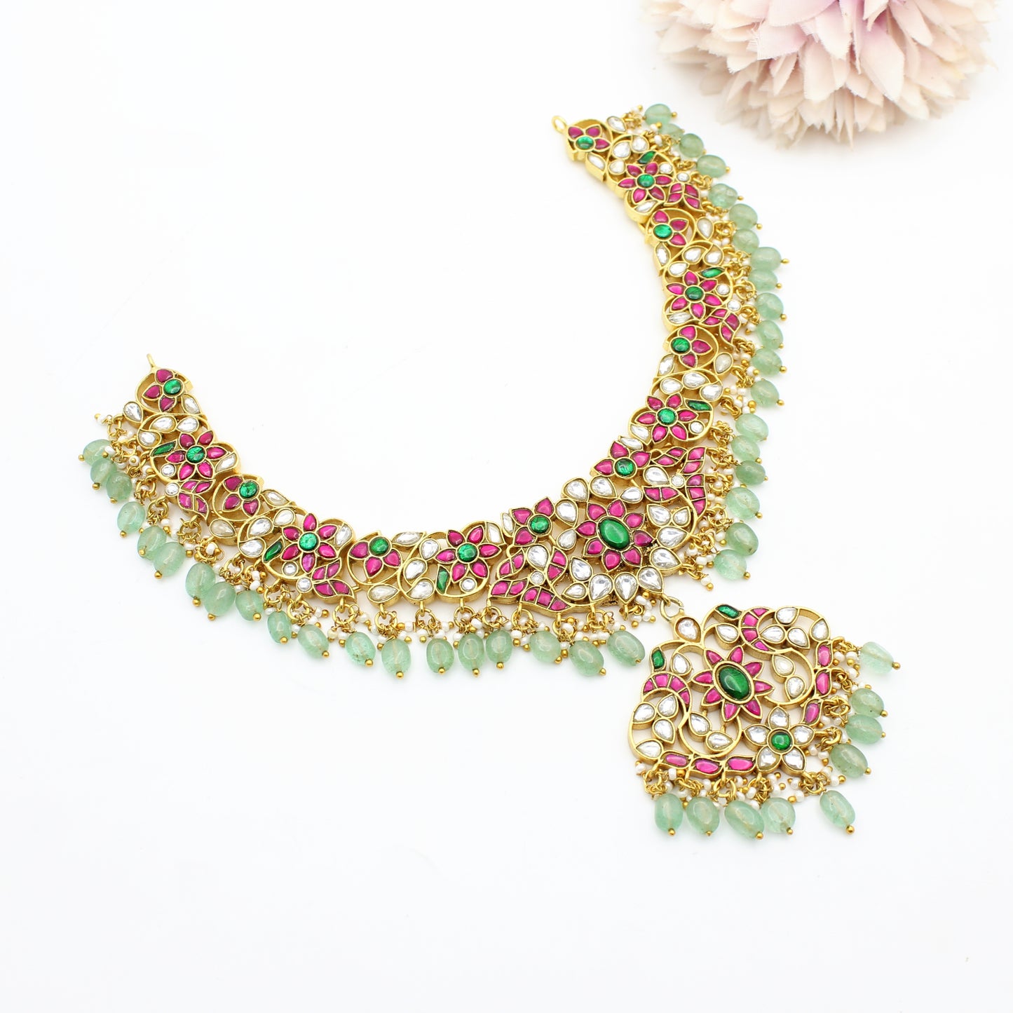 41657 Jadau Short Necklace With Real Russian Beads